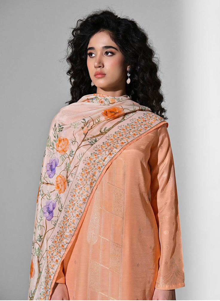Party Wear Orange Muslin Jacquard Unstitched Suit Material for Women
