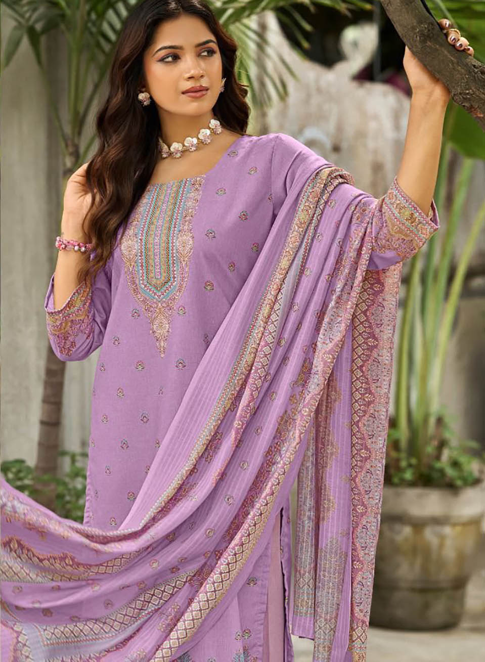 Purple Printed Unstitched Cotton Suit Dress Material for Women