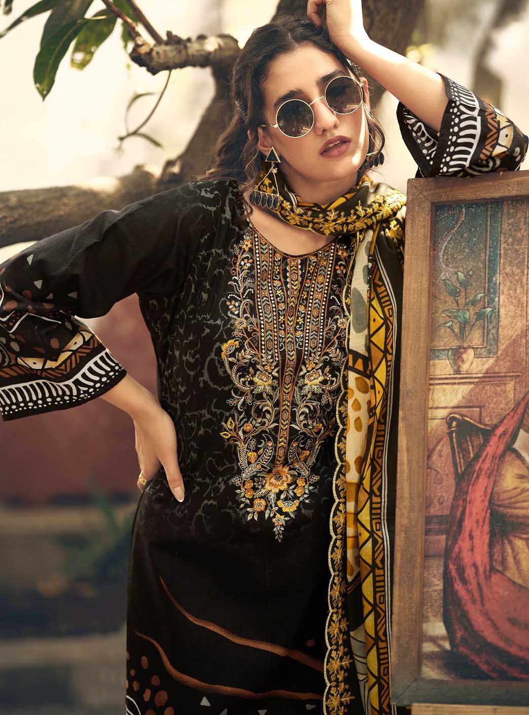 Cambric Cotton Black Pakistani Unstitched Suit Material Embroidered