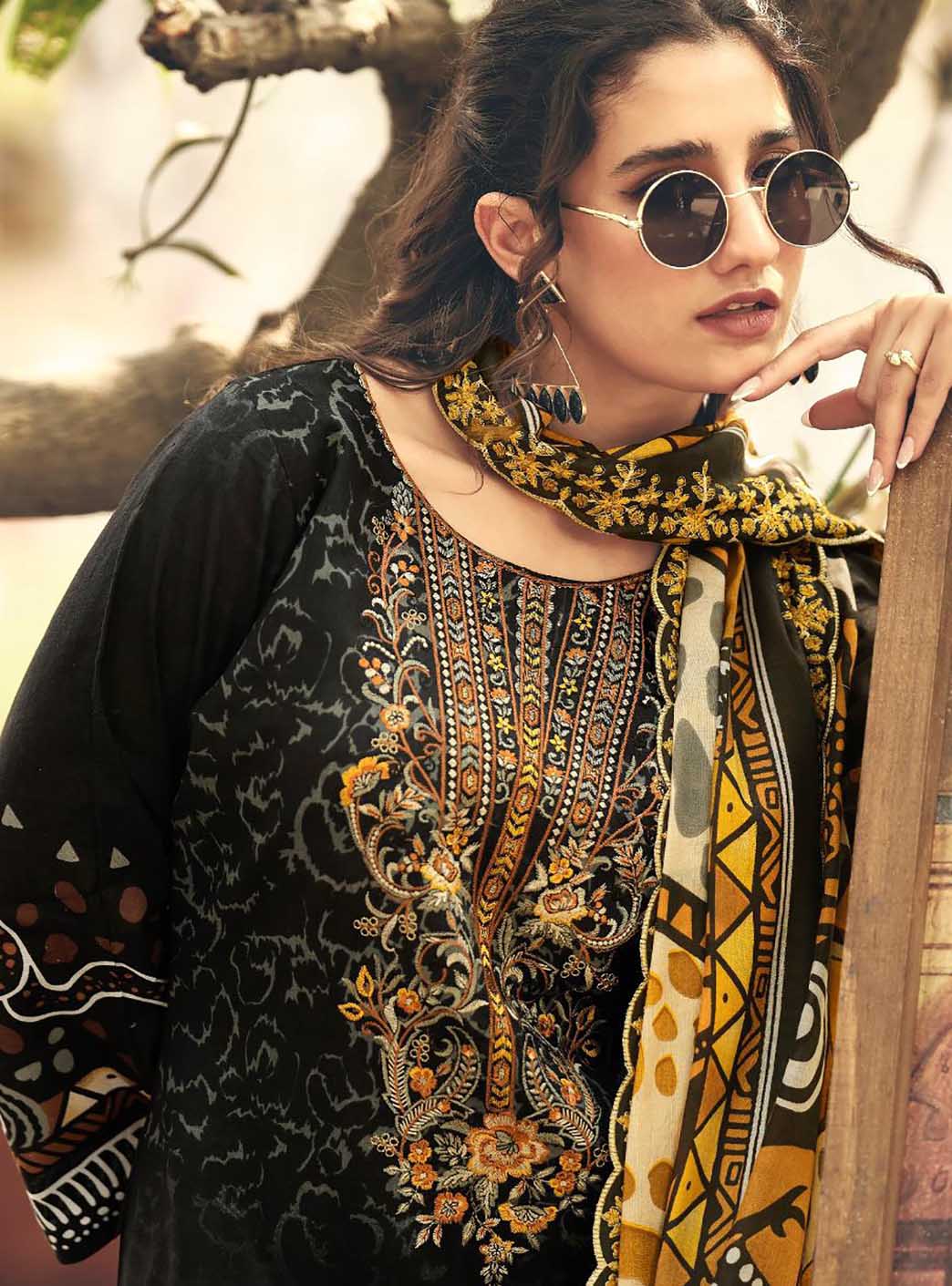 Cambric Cotton Black Pakistani Unstitched Suit Material Embroidered