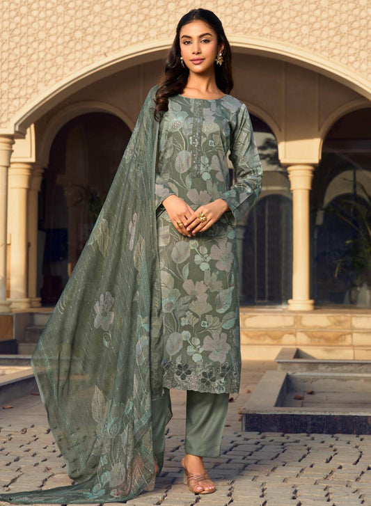 Grey Cotton Satin Unstitched Salwar Suit Dress Material for Women