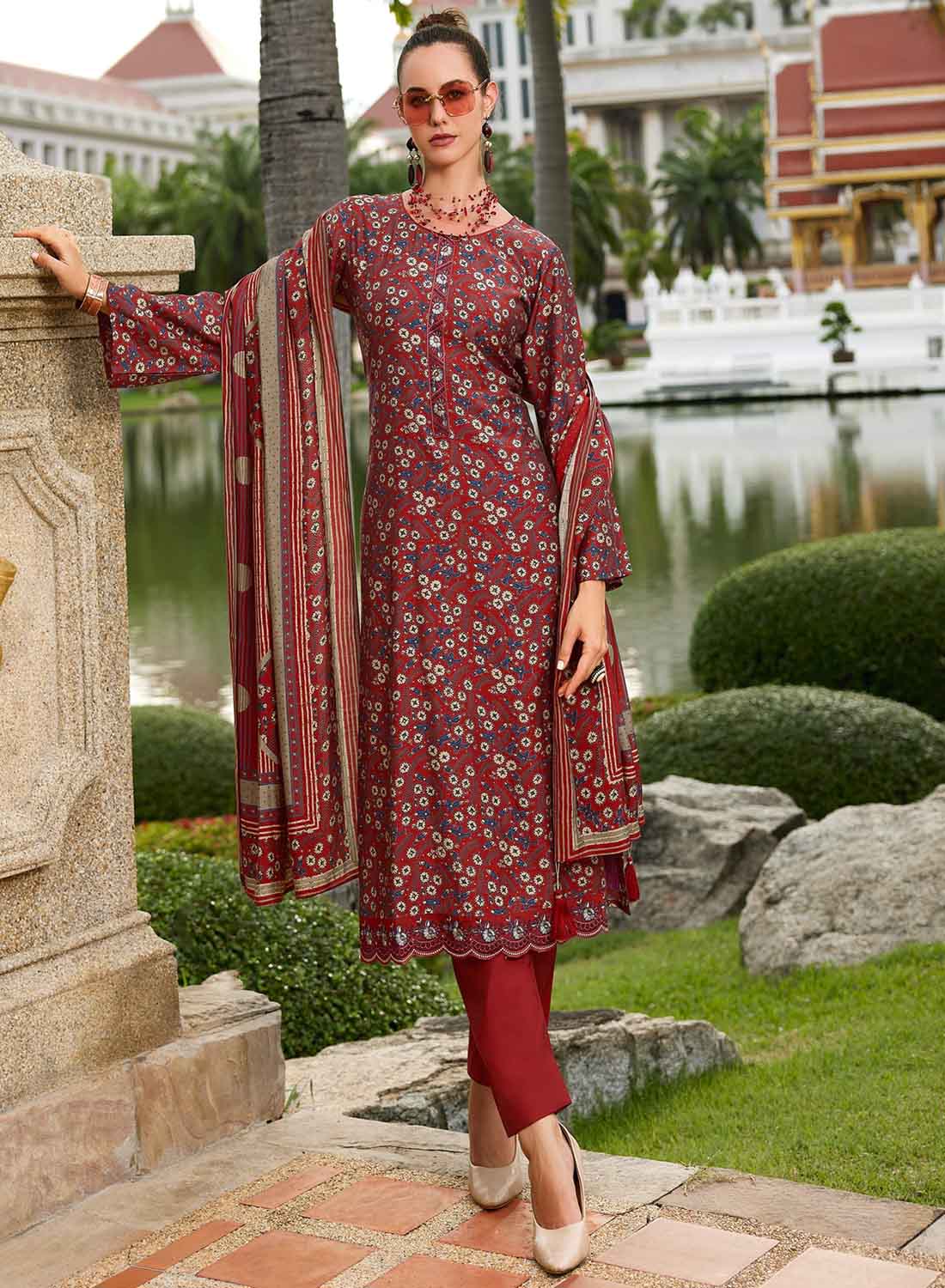 Red Pure Viscose Muslin Unstitched Suit Dress Material with Embroidery