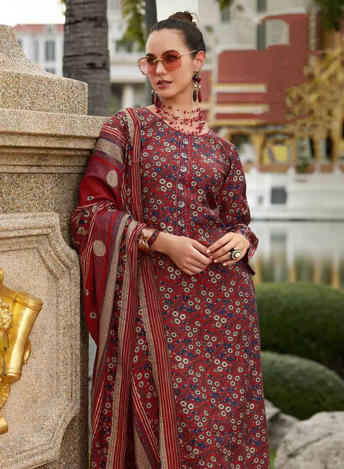 Red Pure Viscose Muslin Unstitched Suit Dress Material with Embroidery