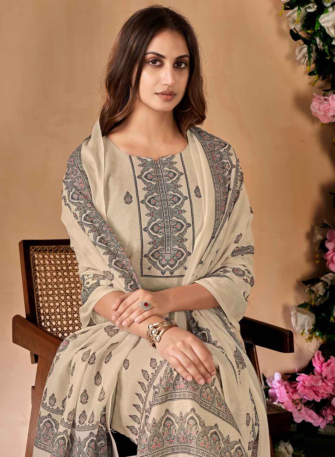 Unstitched Pashmina Winter Suit Dress Material with Embroidered Lace