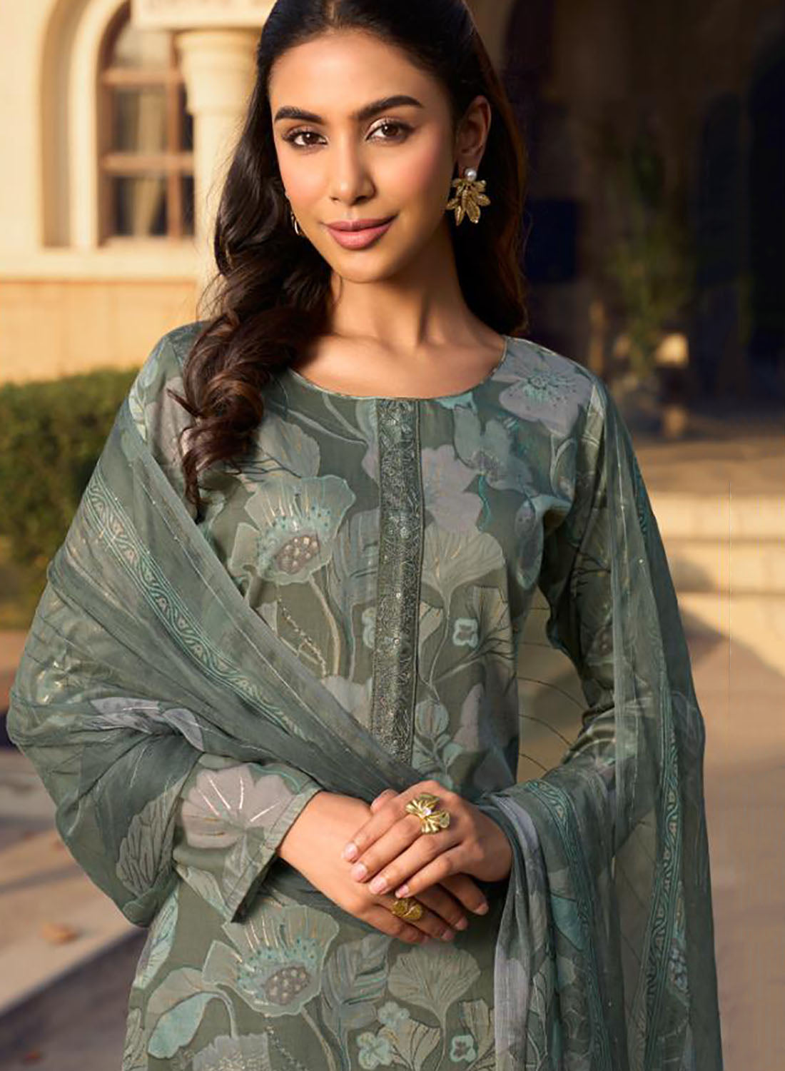 Grey Cotton Satin Unstitched Salwar Suit Dress Material for Women