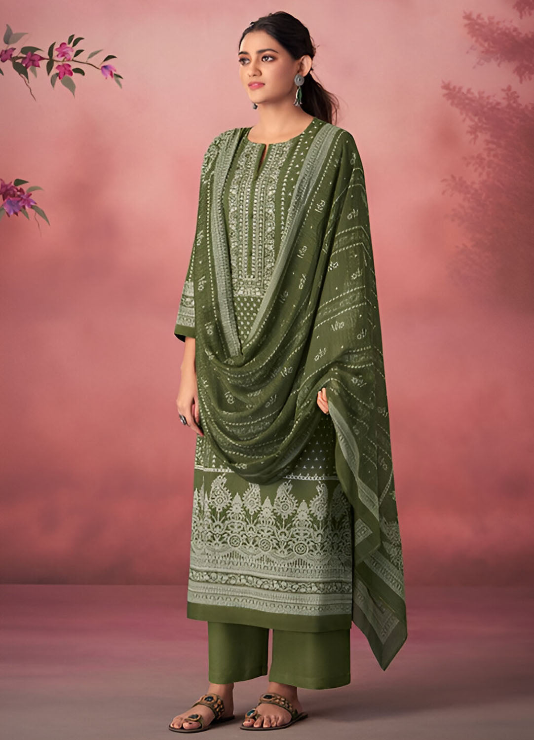Green Unstitched Pashmina Winter Suit Material with Muslin Silk Dupatta Esta Designs