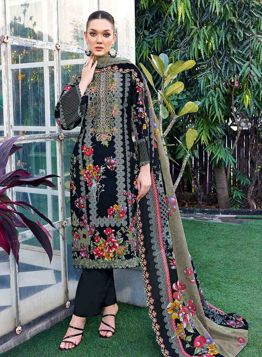 Black Pakistani Cambric Cotton Unstitched Suit Material with Embroidery