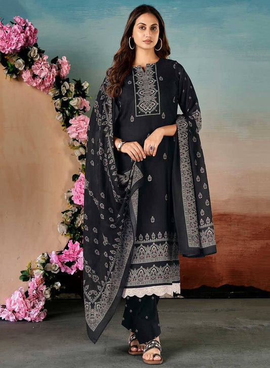 Black Unstitched Pashmina Winter Suit Dress Material with Lace Work