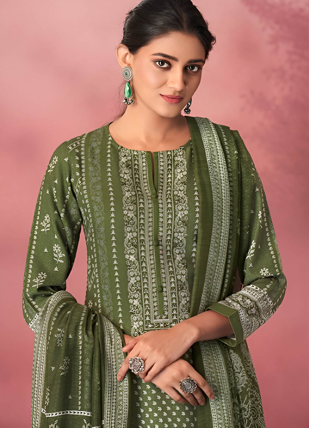Green Unstitched Pashmina Winter Suit Material with Muslin Silk Dupatta Esta Designs