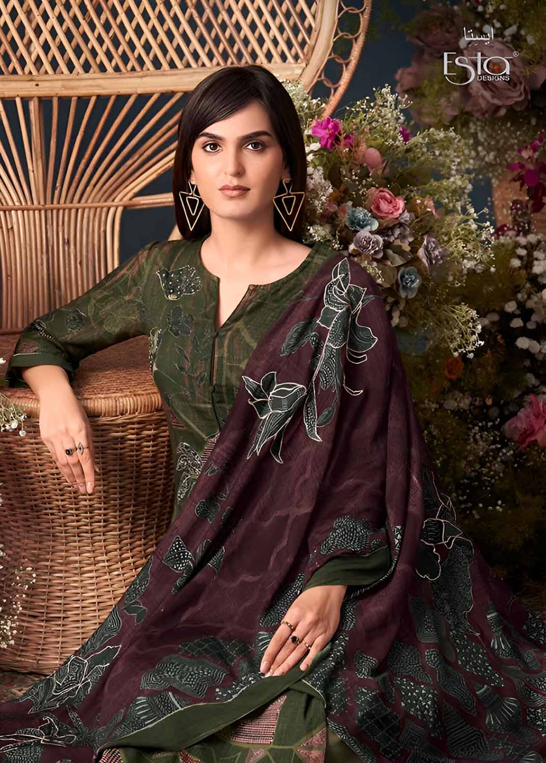 Unstitched Green Pure Pashmina Winter Suit Dress Material for Women Esta Designs