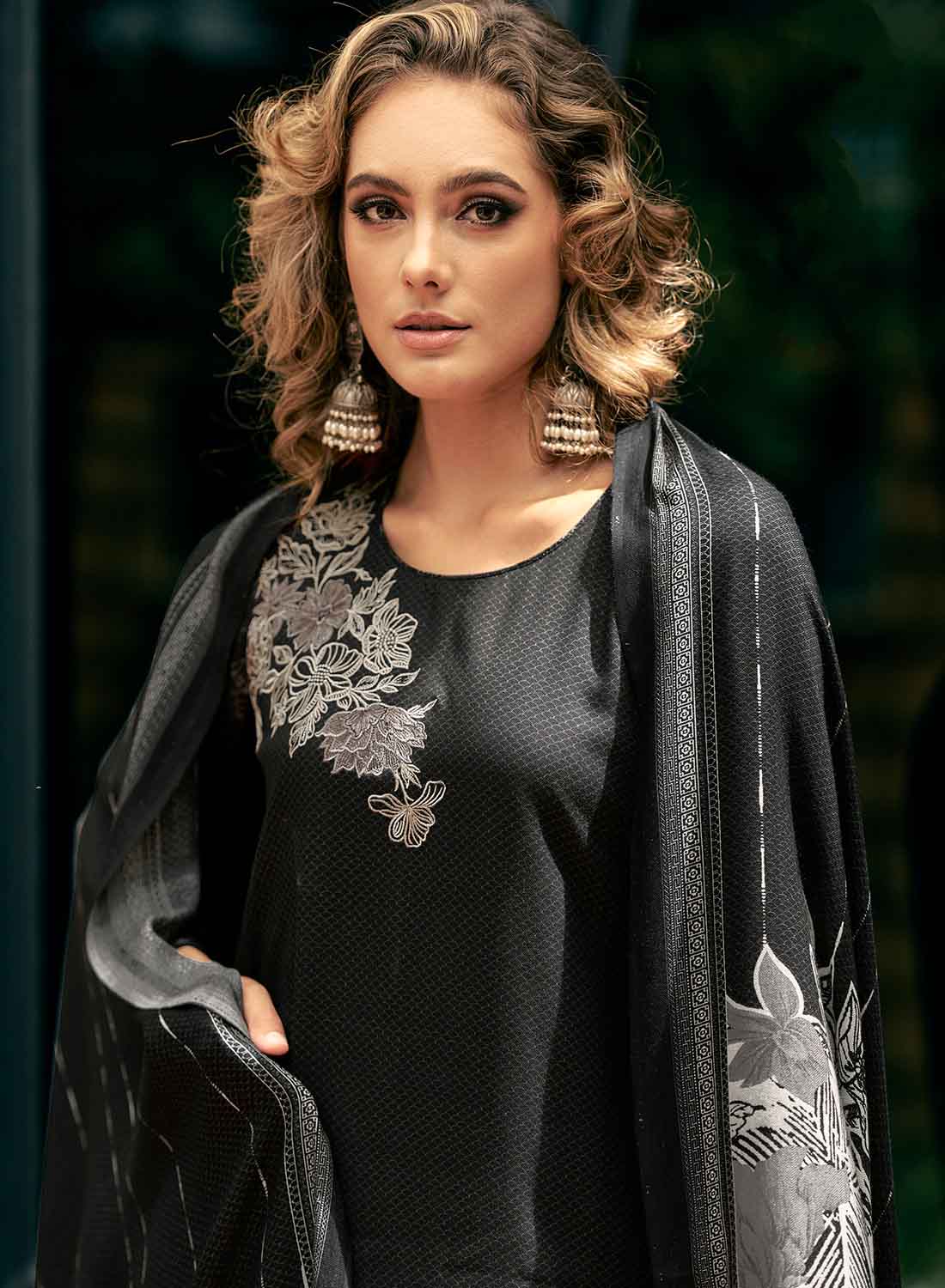 Women's Black Pashmina Unstitched Winter Salwar Suit Dress Material