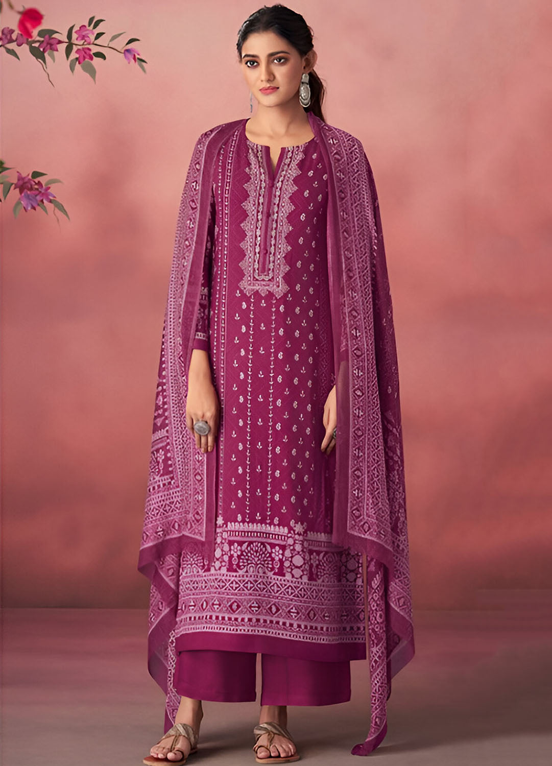 Unstitched Pink Pashmina Winter Suit Material with Muslin Silk Dupatta Esta Designs
