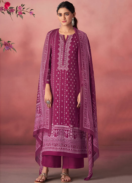 Unstitched Pink Pashmina Winter Suit Material with Muslin Silk Dupatta