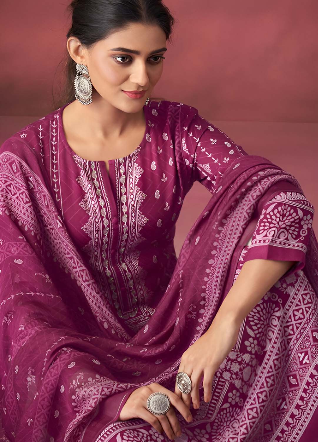 Unstitched Pink Pashmina Winter Suit Material with Muslin Silk Dupatta Esta Designs