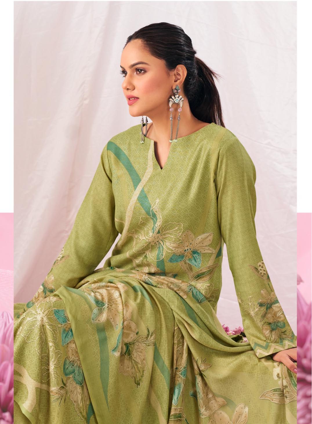 Green Pure Pashmina Printed Unstitched Winter Salwar Suit Dress Material