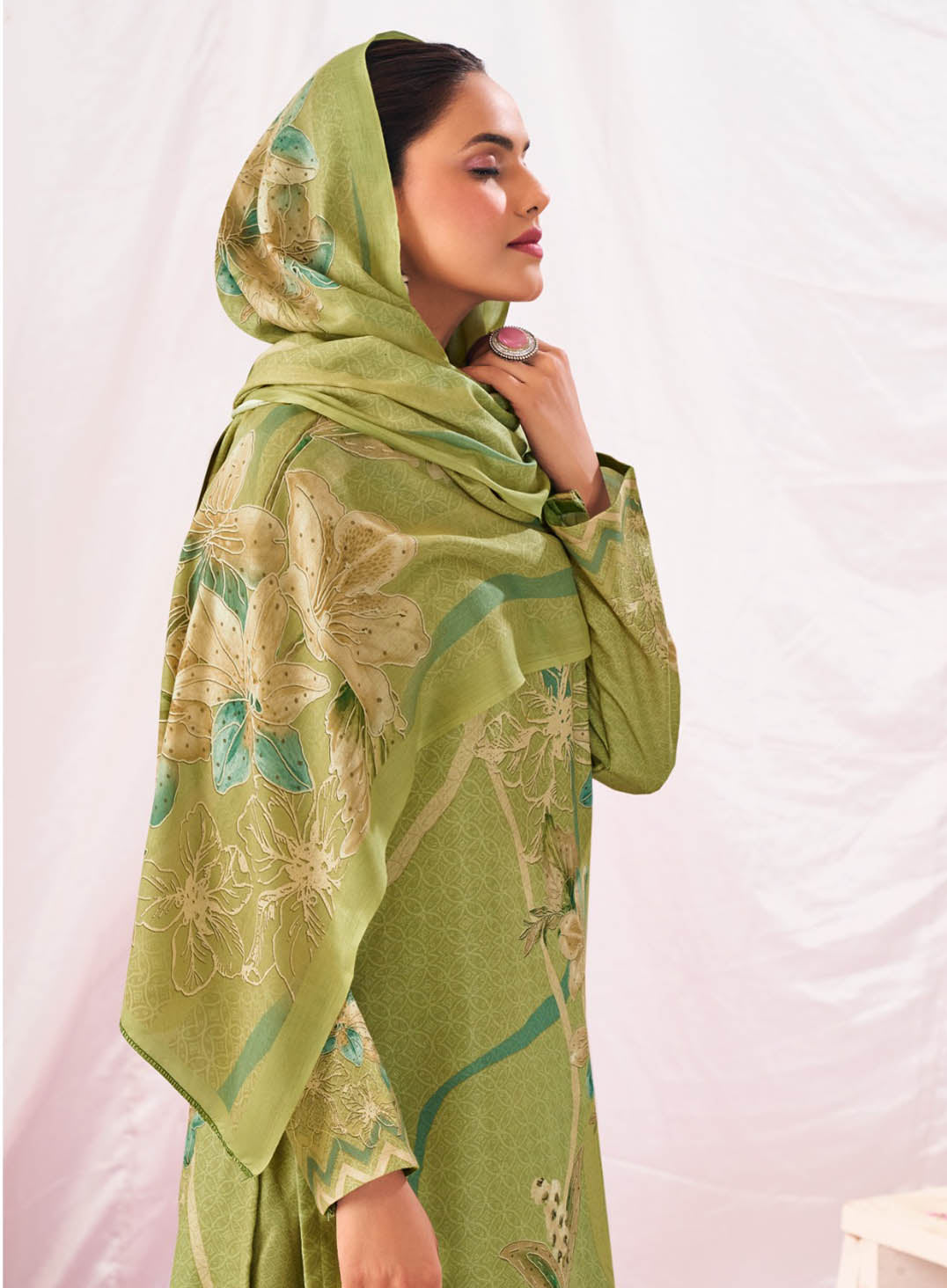 Green Pure Pashmina Printed Unstitched Winter Salwar Suit Dress Material