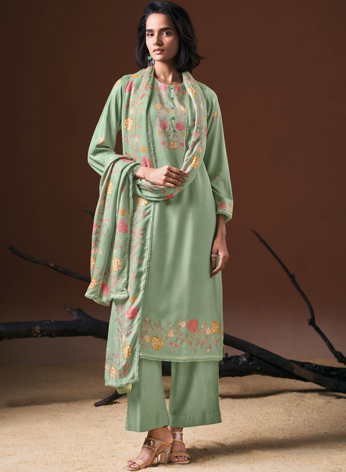 Ganga Unstitched Green Woolen Pashmina Suit Material for Women
