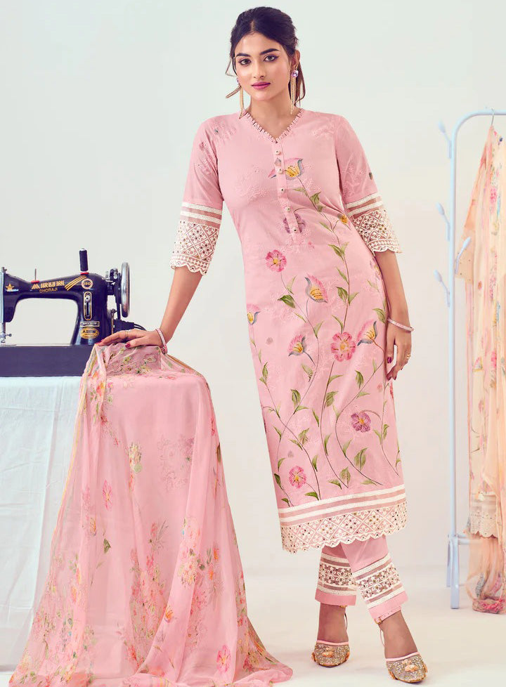 Pink Pure Cotton Unstitched Suit Material with Embroidery for Women