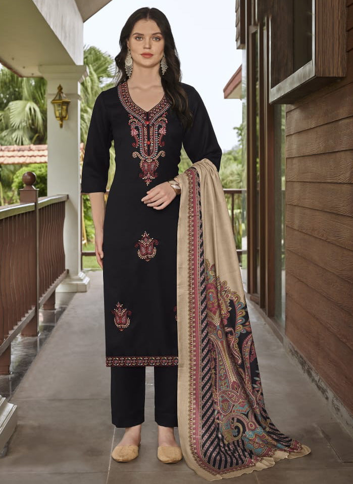Black Pashmina Unstitched Winter Suit Dress Material with Embroidery