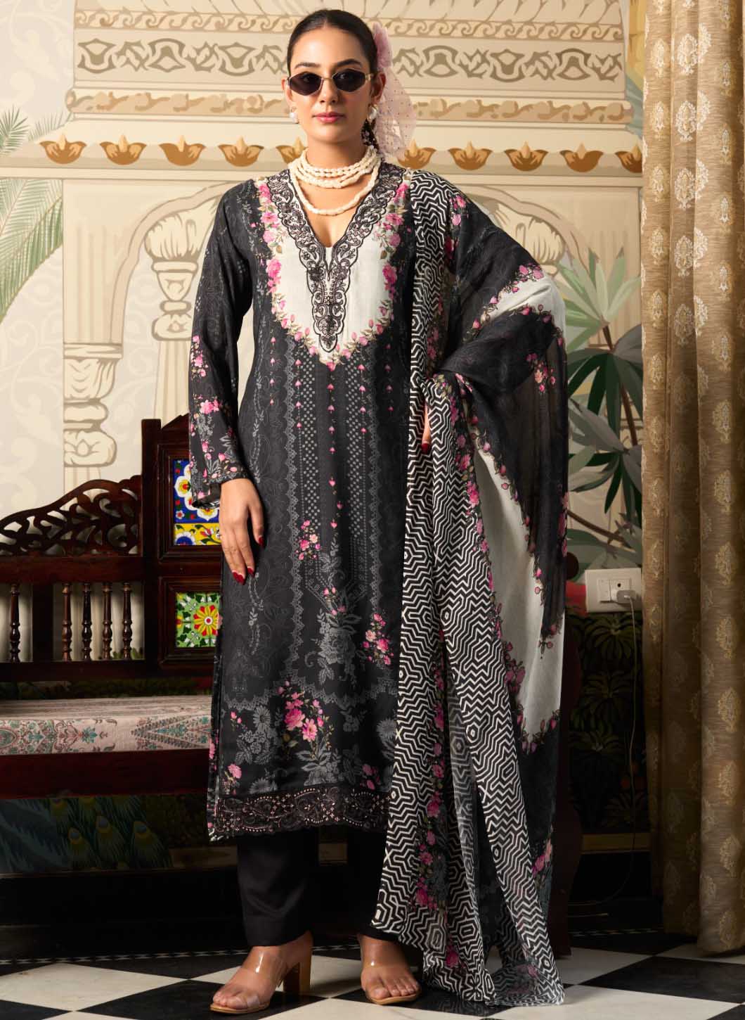 Party Wear Black Muslin Unstitched Suit Dress Material with Dupatta