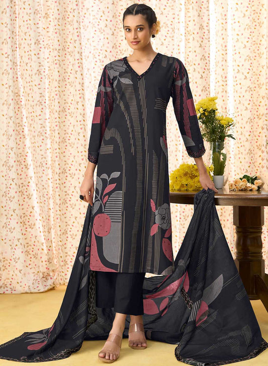 Black Pure Cotton Unstitched Suit Fabric for Women with Dupatta