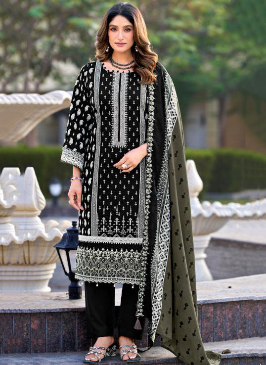Pakistani Print Black Unstitched Cotton Suit Material with Daman Embroidery