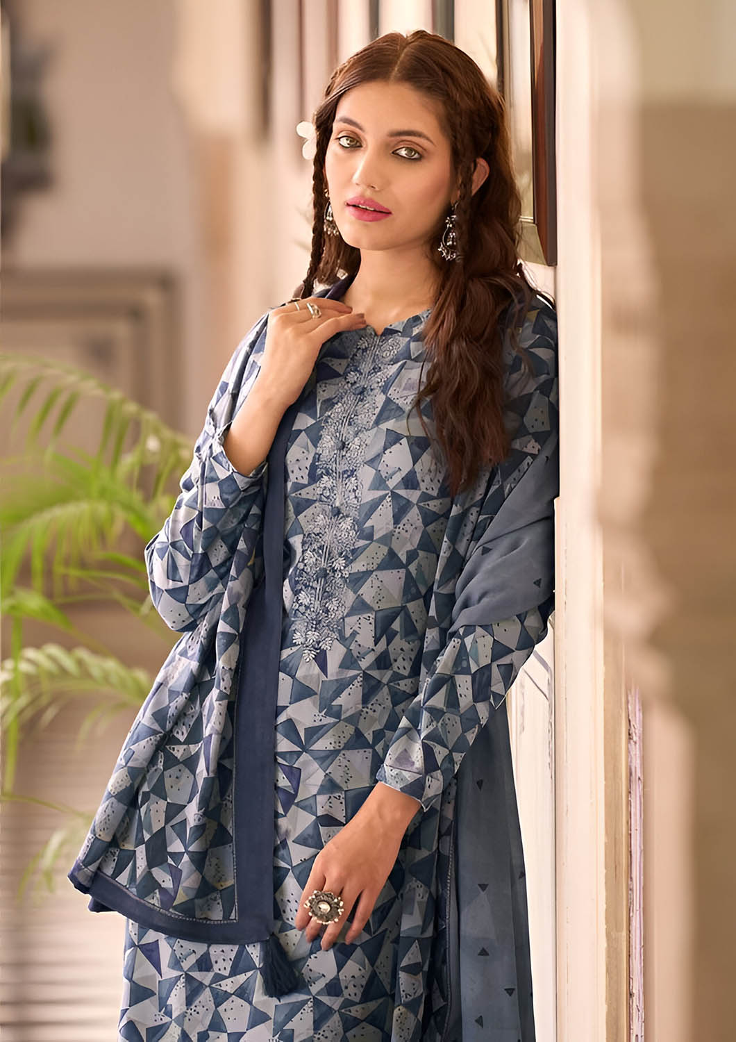 Unstitched Blue Pashmina Winter Salwar Suit Material for Women PRM Trendz