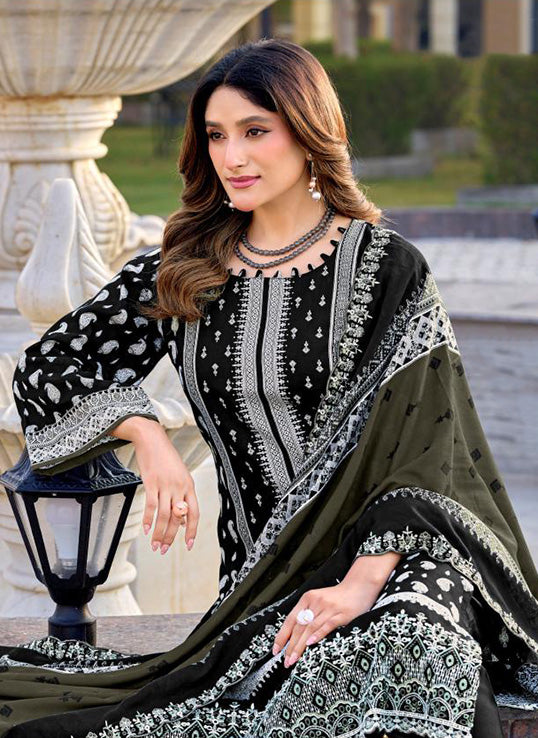 Pakistani Print Black Unstitched Cotton Suit Material with Daman Embroidery