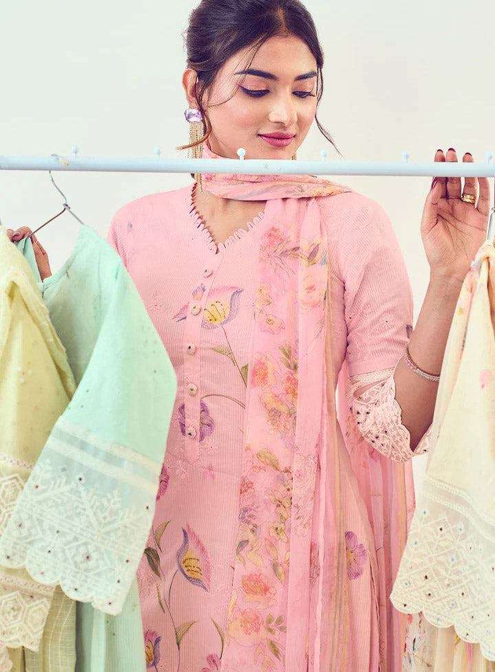 Pink Pure Cotton Unstitched Suit Material with Embroidery for Women