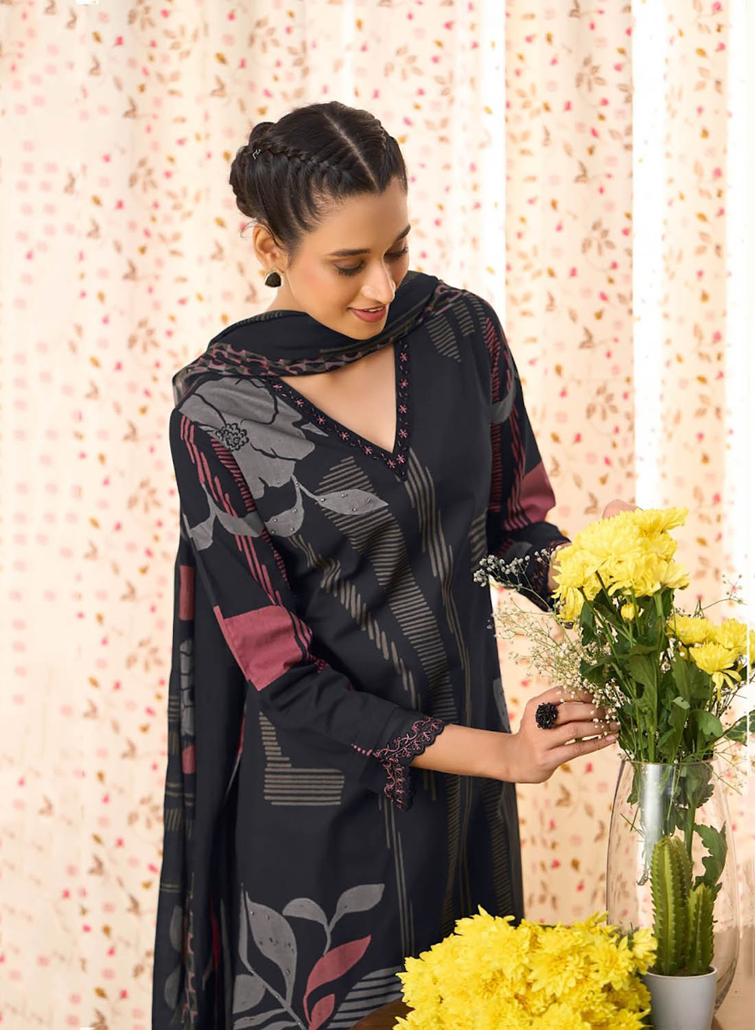 Black Pure Cotton Unstitched Suit Fabric for Women with Dupatta