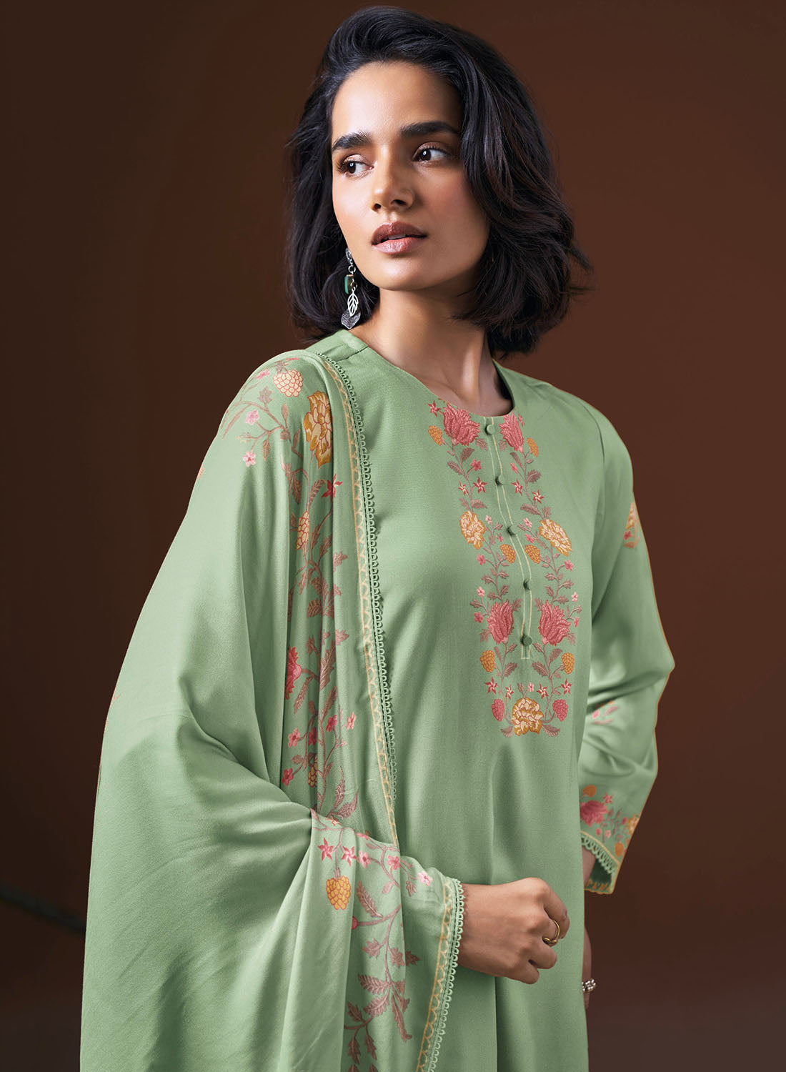 Ganga Unstitched Green Woolen Pashmina Suit Material for Women