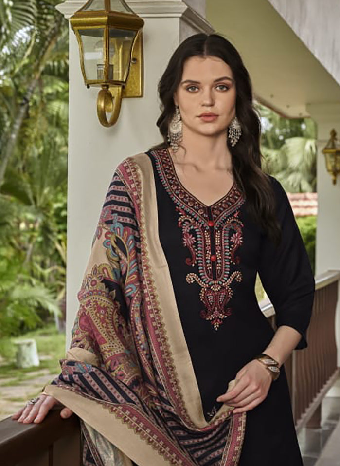 Black Pashmina Unstitched Winter Suit Dress Material with Embroidery