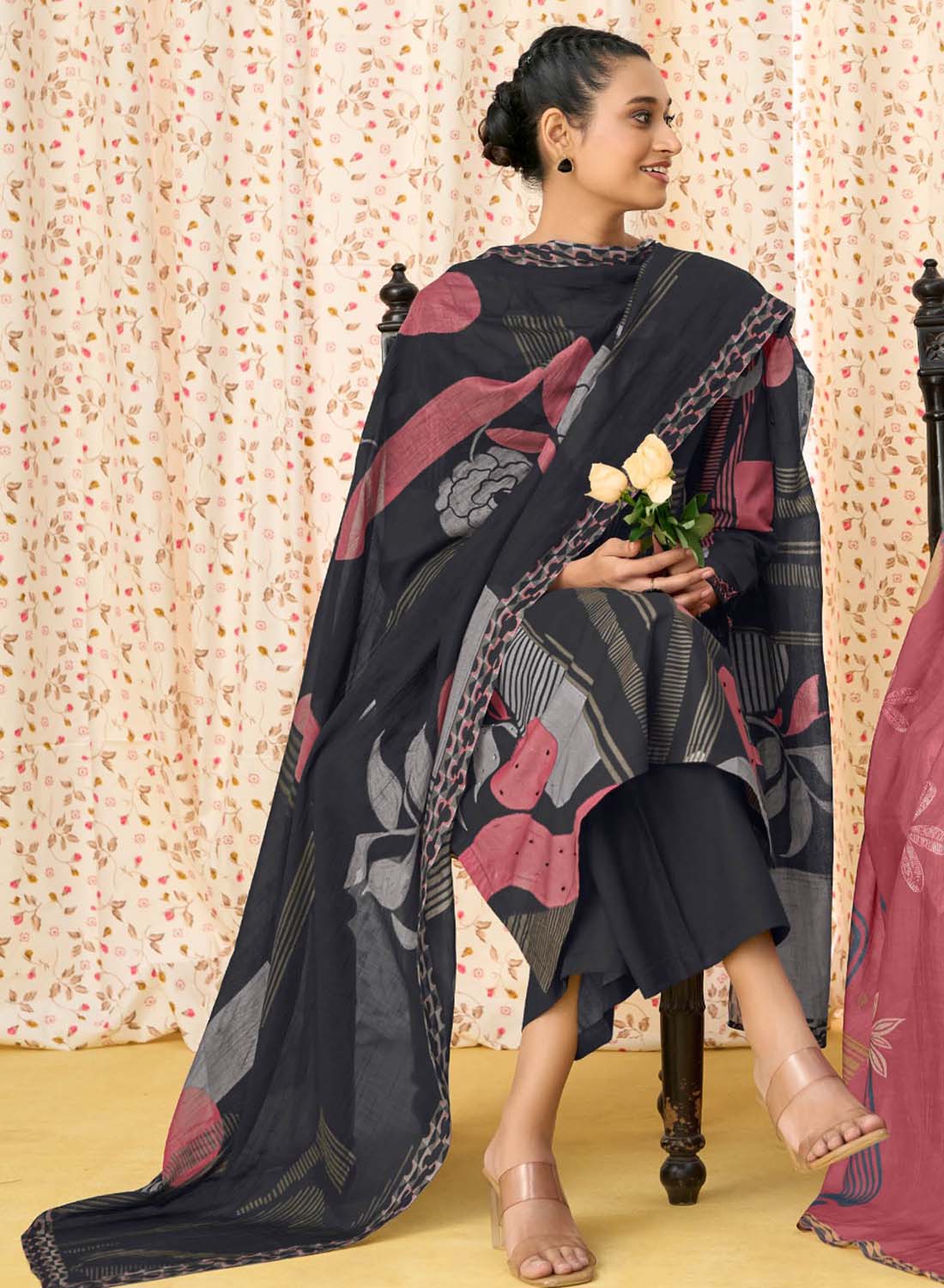 Black Pure Cotton Unstitched Suit Fabric for Women with Dupatta