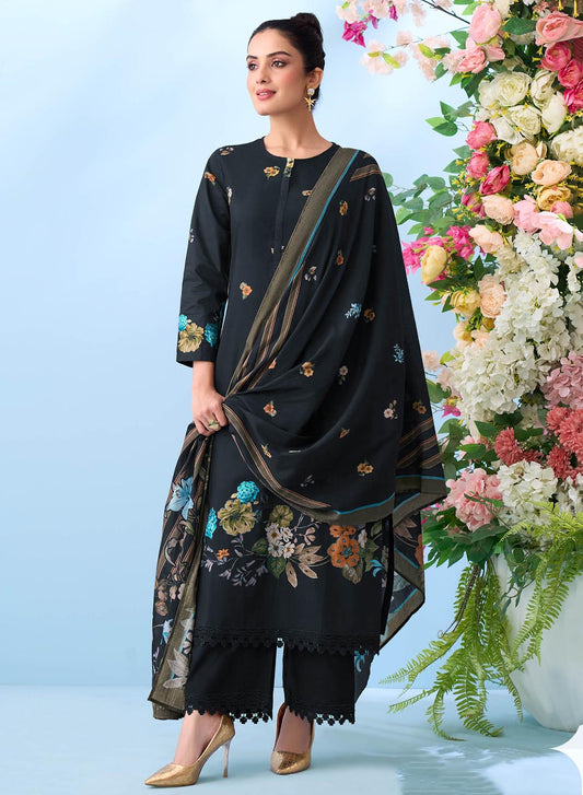 Black Pure Cotton Unstitched Dress Material Suit Set for Women