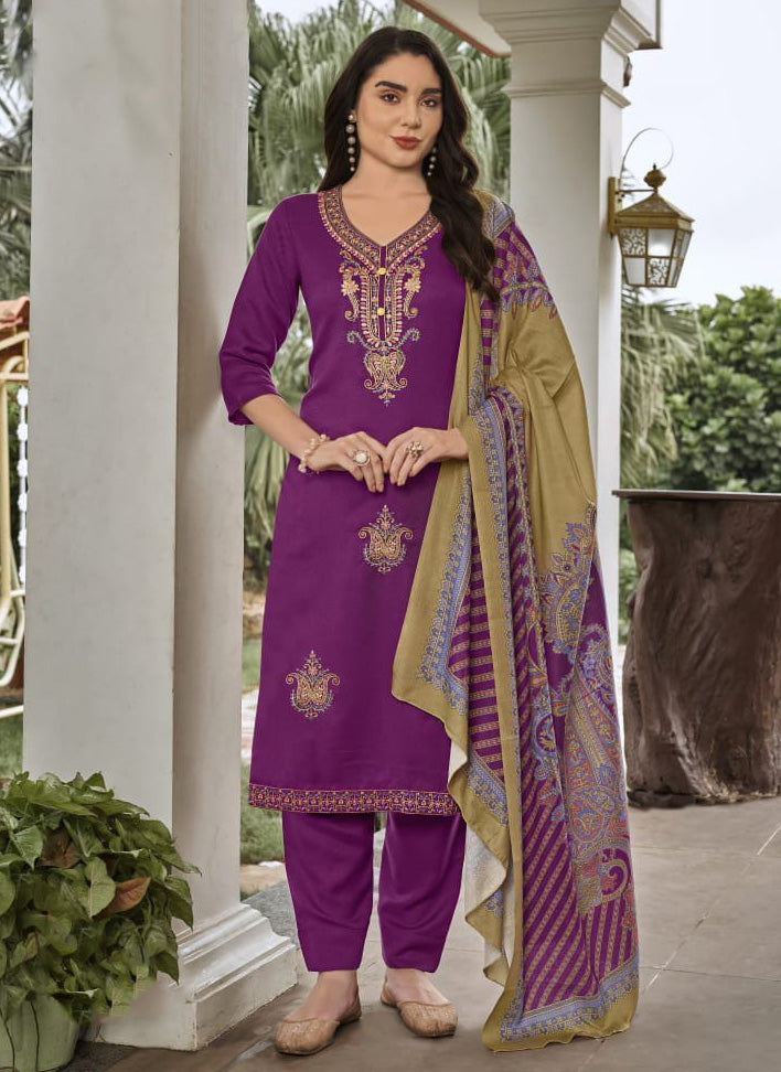 Purple Pashmina Unstitched Winter Suit Dress Material with Embroidery