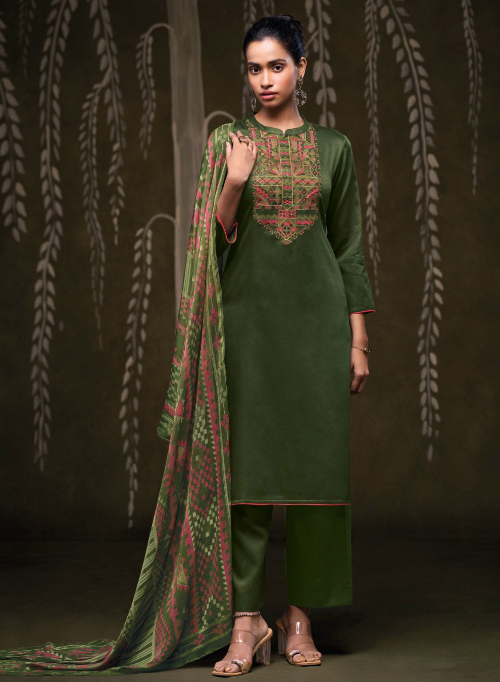Ganga Cotton Satin Green Unstitched Salwar Suit Set Fabric Material