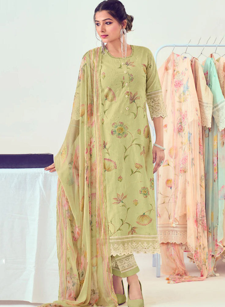 Green Pure Cotton Unstitched Suit Material with Dupatta for Women