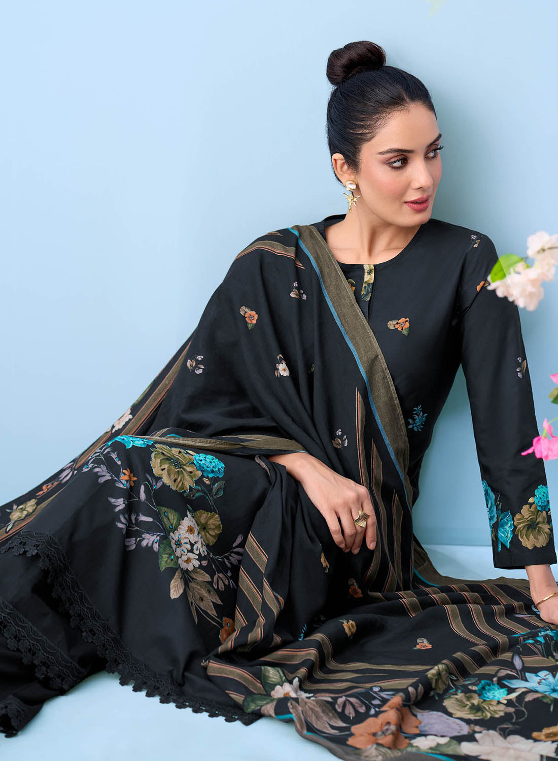 Black Pure Cotton Unstitched Dress Material Suit Set for Women
