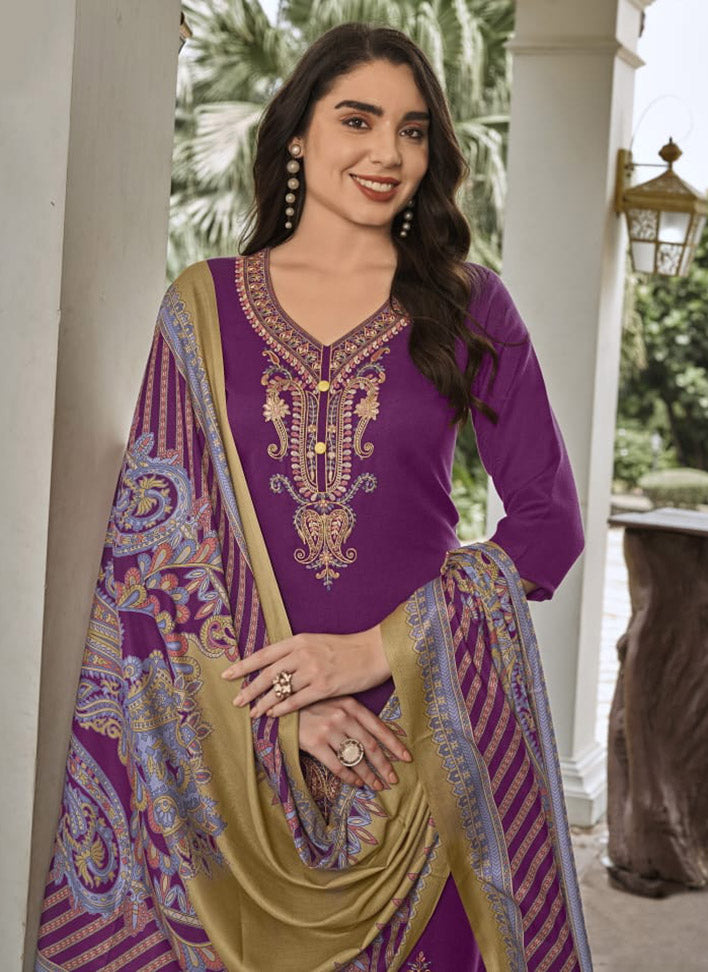 Purple Pashmina Unstitched Winter Suit Dress Material with Embroidery