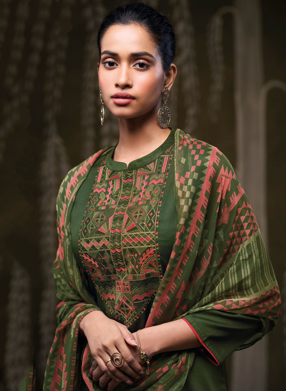 Ganga Cotton Satin Green Unstitched Salwar Suit Set Fabric Material