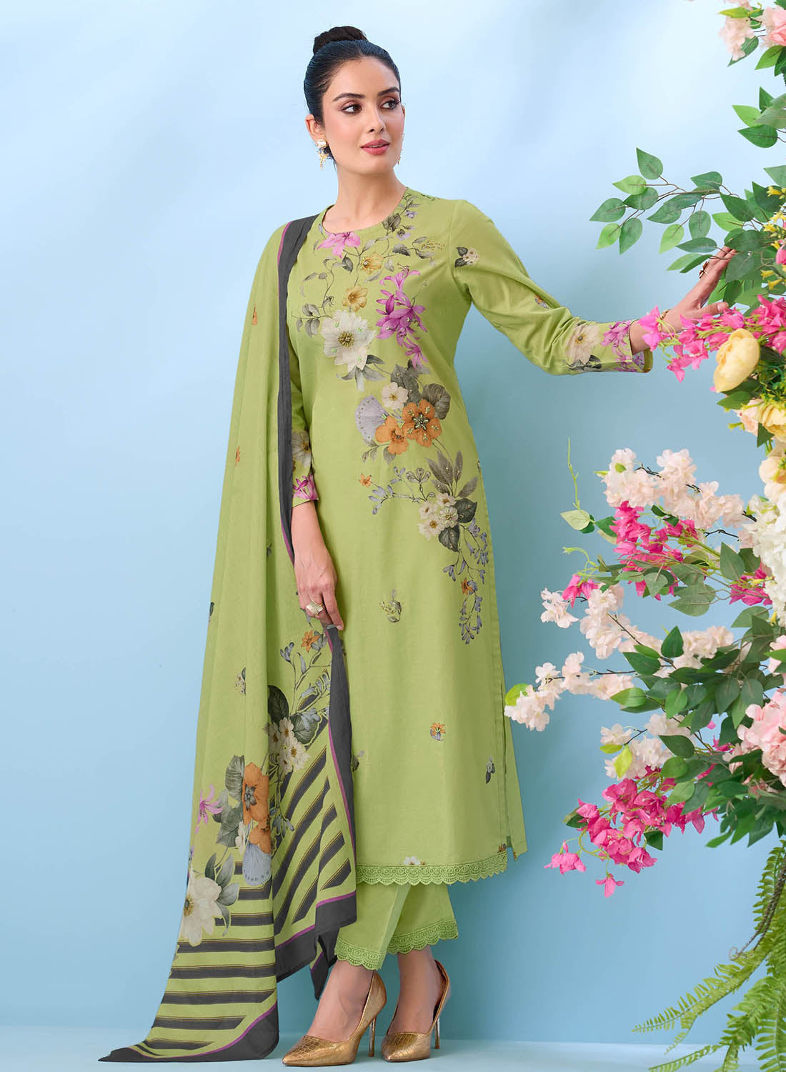 Women Pure Cotton Unstitched Dress Material Green Floral Suit Set