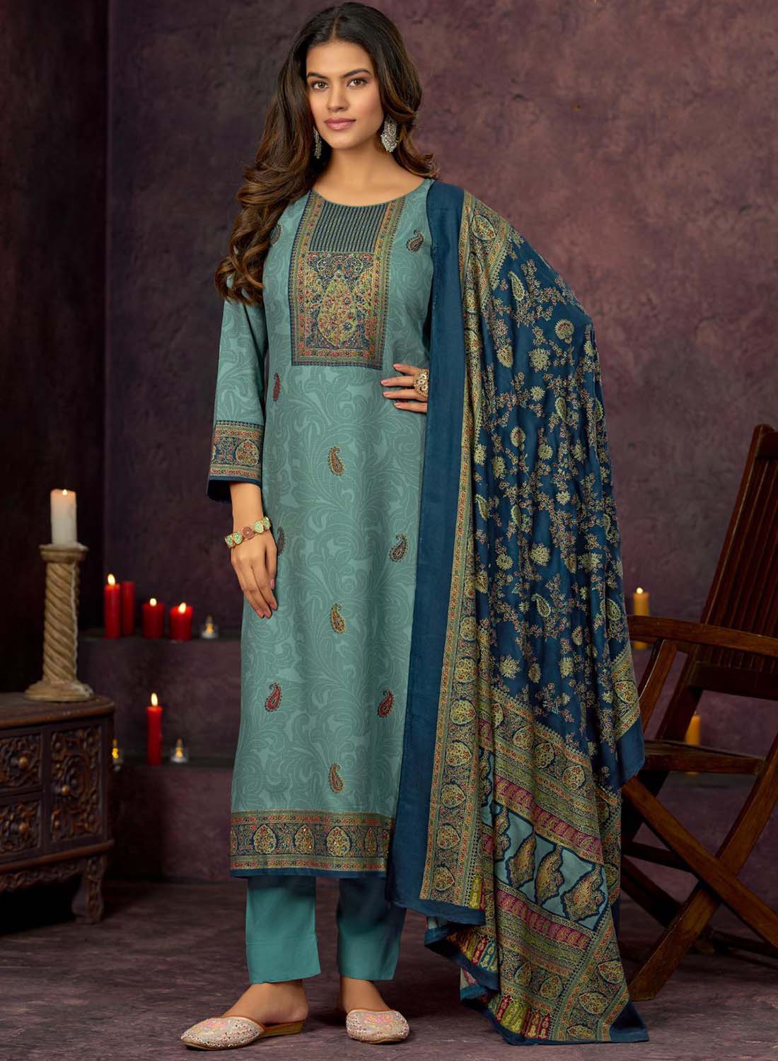 Winter Pashmina Unstitched Salwar Suit Material with Foil Print for Women
