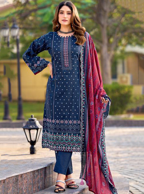 Pakistani Print Blue Unstitched Cotton Suit Material with Daman Embroidery