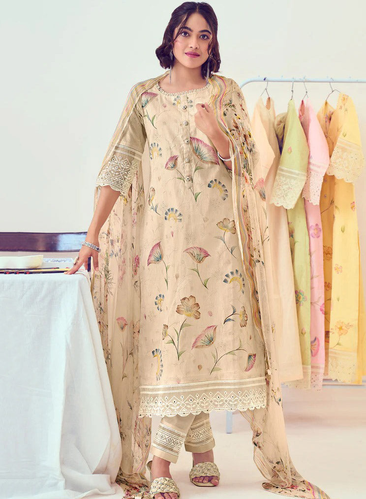 Biege Pure Cotton Unstitched Salwar Suit Dress Material with Dupatta