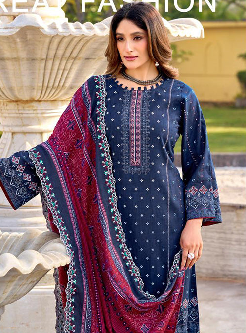Pakistani Print Blue Unstitched Cotton Suit Material with Daman Embroidery
