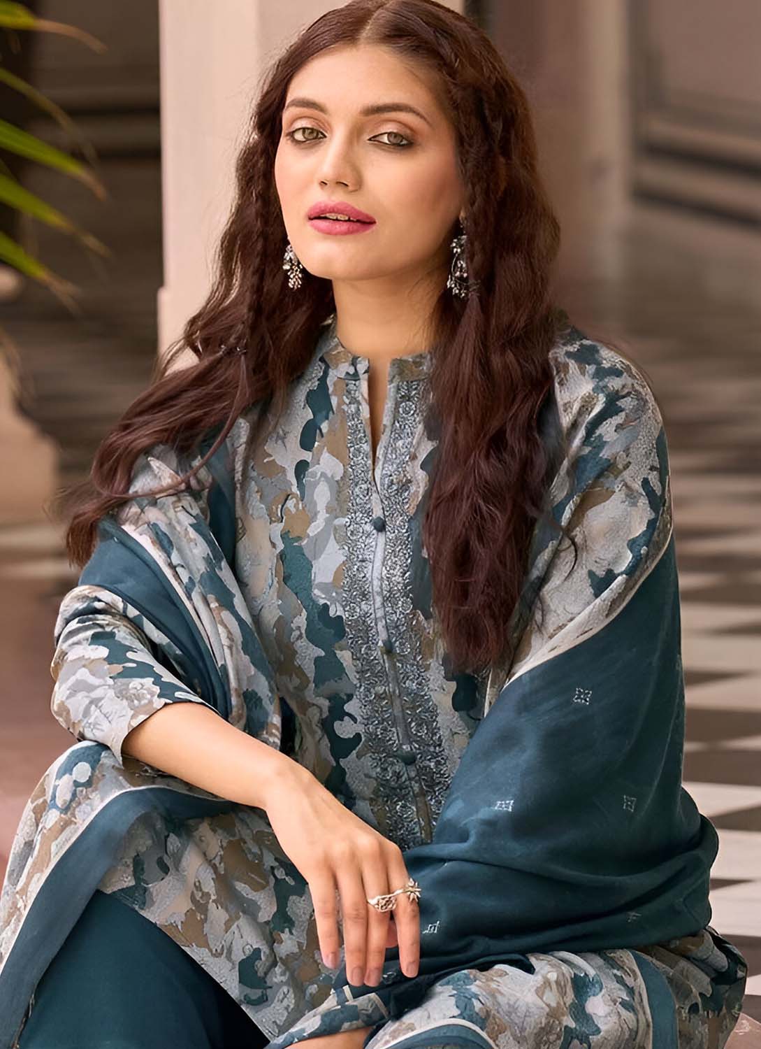 Unstitched Teal Blue Pashmina Winter Salwar Suit Material for Women PRM Trendz