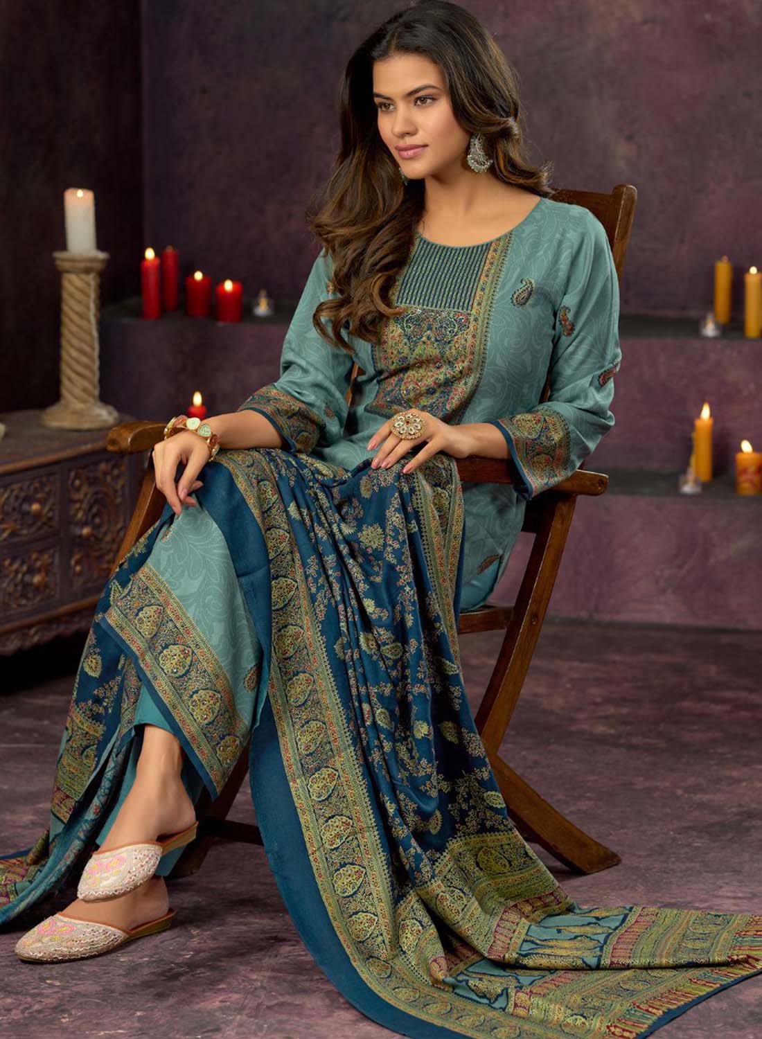 Winter Pashmina Unstitched Salwar Suit Material with Foil Print for Women