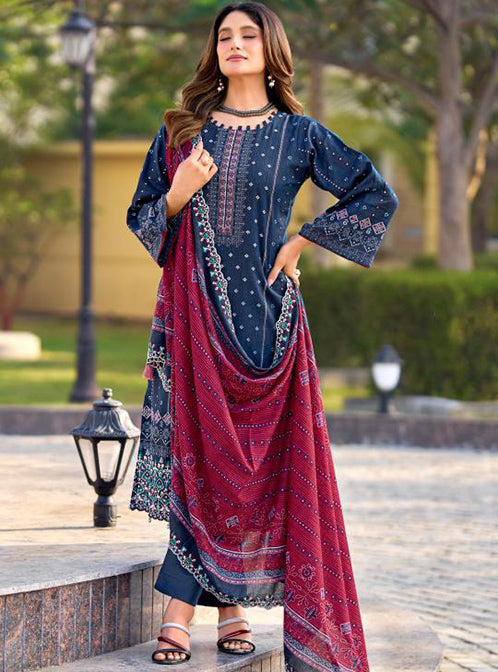 Pakistani Print Blue Unstitched Cotton Suit Material with Daman Embroidery