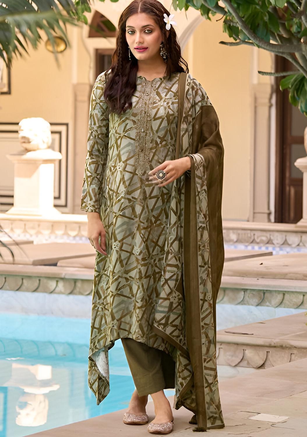 Unstitched Olive Green Pashmina Winter Salwar Suit Material for Women PRM Trendz