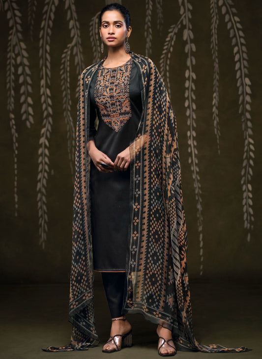 Ganga Cotton Satin Black Unstitched Salwar Suit Set Fabric Material